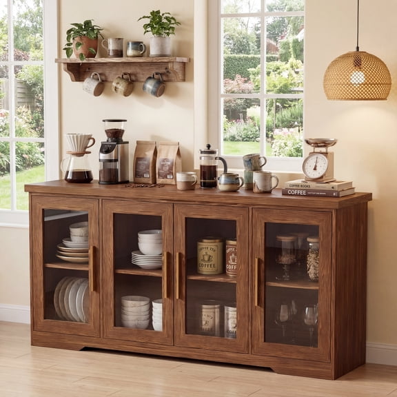 LAUSAINT HOME 66'' Large Sideboard Buffet Cabinet with Storage, Kitchen Storage with Glass Doors & Adjustable Shelves, Accent Farmhouse Wood Coffee Bar Table for Kitchen, Living Room