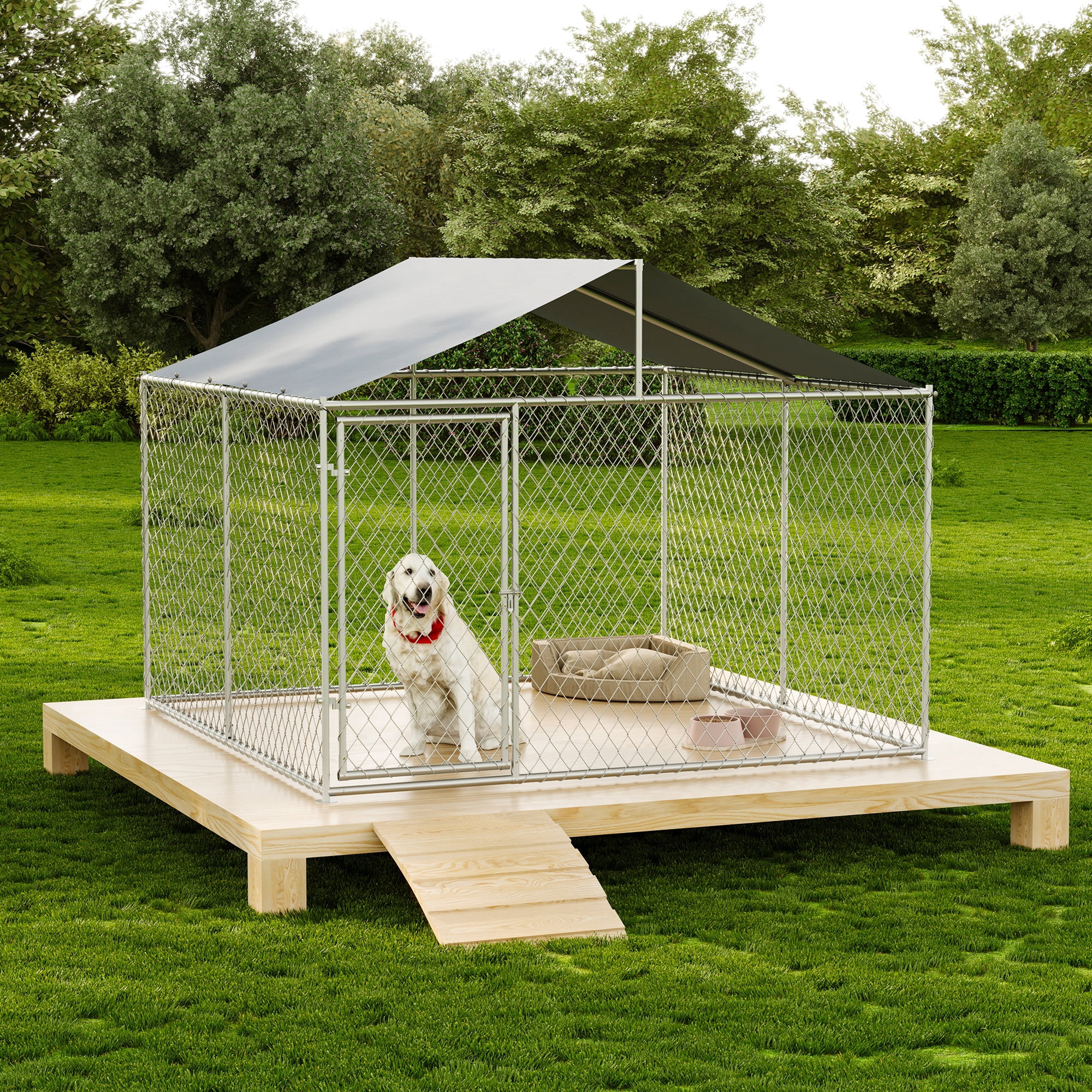 LAUSAINT HOME 7.5' x 7.5' Outdoor Dog Kennel with Roof, Heavy-Duty Steel Dog Cage with Lock for Backyard