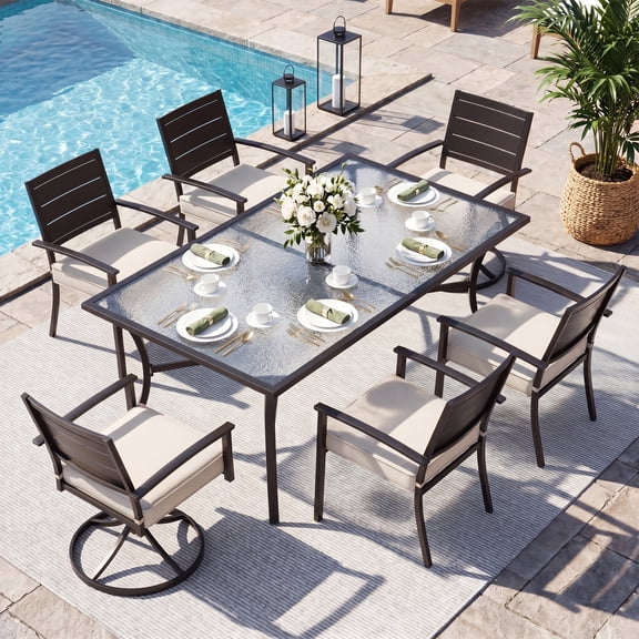 LAUSAINT HOME 7-Piece Outdoor Patio Dining Set, Extra Long Textured Glass Table with 360 Glide Swivel Chairs, Heavy-Duty Reinforced Frame & Water Repellent Fade Resistant Olefin Cushions