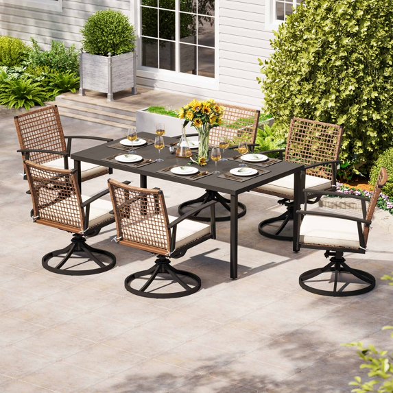 LAUSAINT HOME Patio Dining Set, 7-Piece Outdoor Wicker Furniture with Rectangular Table and 6 Swivel Chairs, Brown