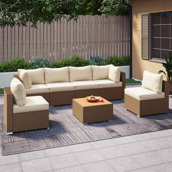 LAUSAINT HOME 7 Pieces Outdoor Furniture Set, Patio Sectional Coversation Set with 6 Chairs and 1 Coffee Table, Beige Cushions & Brown Wicker