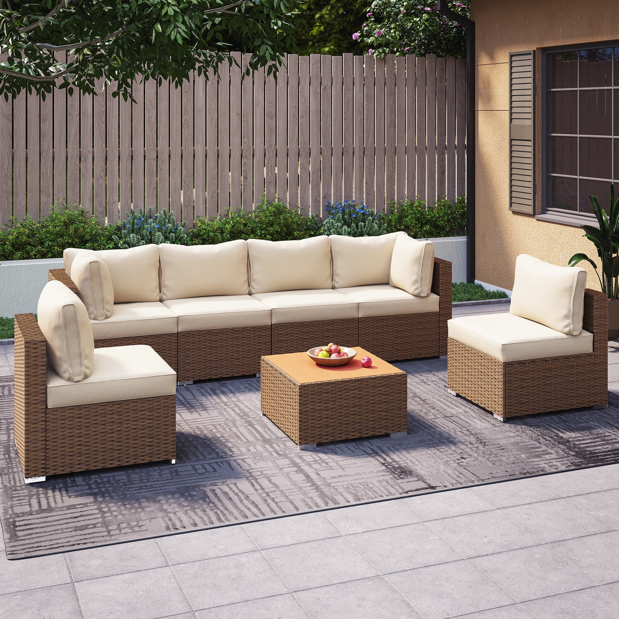 LAUSAINT HOME 7 Pieces Patio Conversation Set, Outdoor Sectionals with 6 Chairs and 1 Coffee Table, Beige Cushions & Brown Wicker - Walmart.com