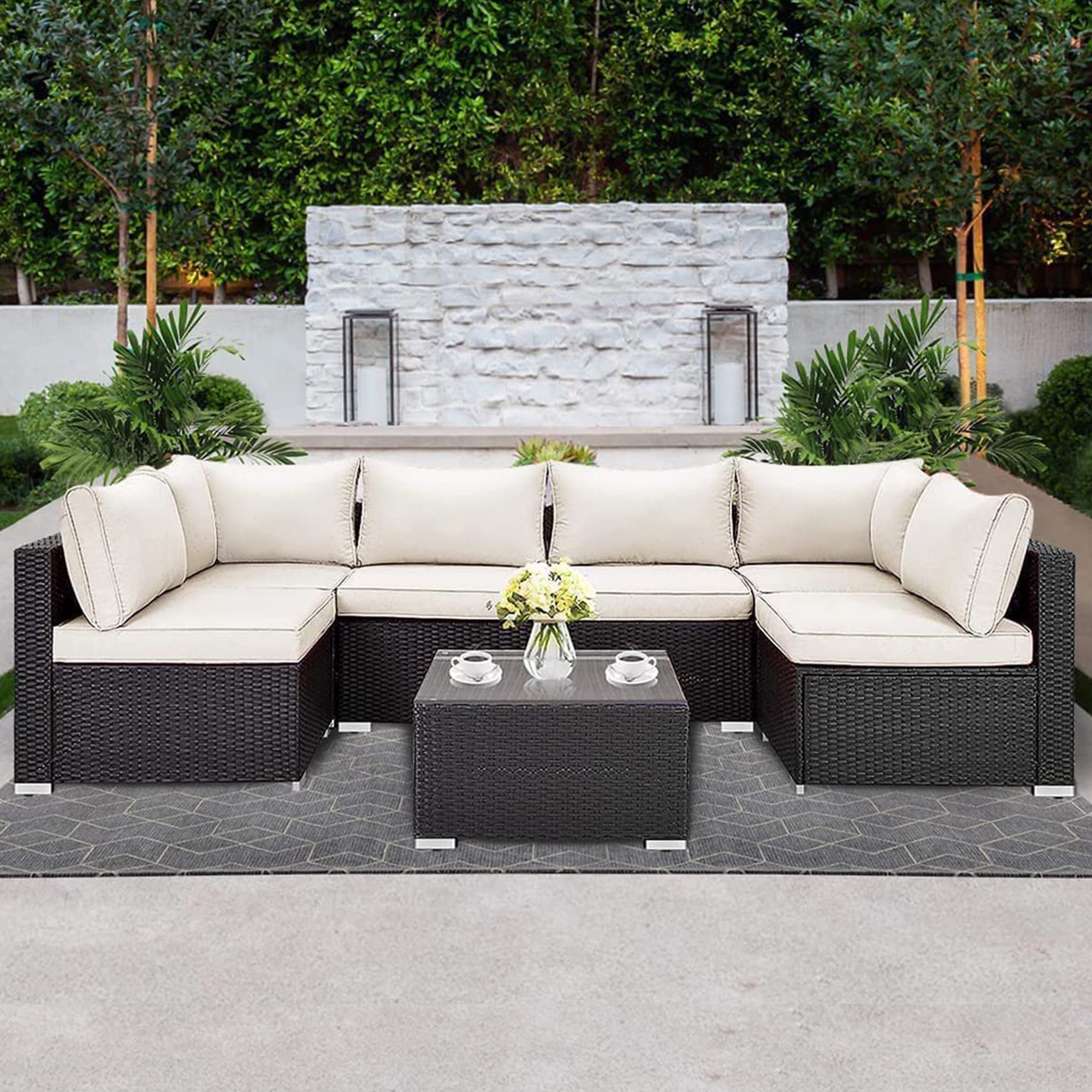LAUSAINT HOME 7 Pieces Outdoor Furniture Set, Patio Sectional Conversation Set with 6 Chairs and 1 Coffee Table, Beige Cushions