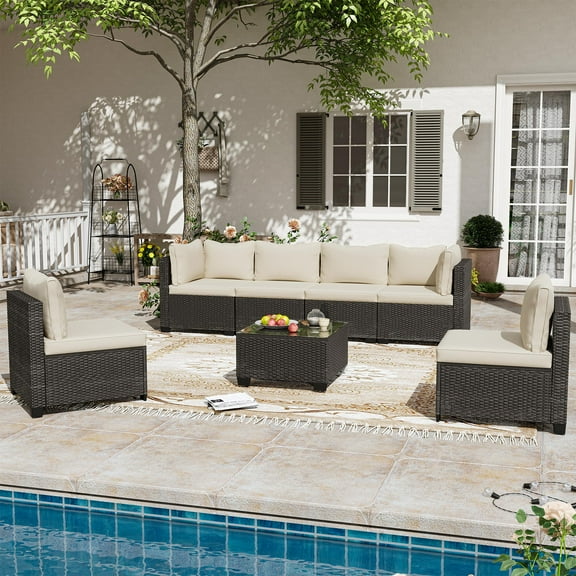 LAUSAINT HOME 7 Pieces Patio Conversation Set, Outdoor Sectionals with 6 Chairs and 1 Coffee Table, Beige Cushions