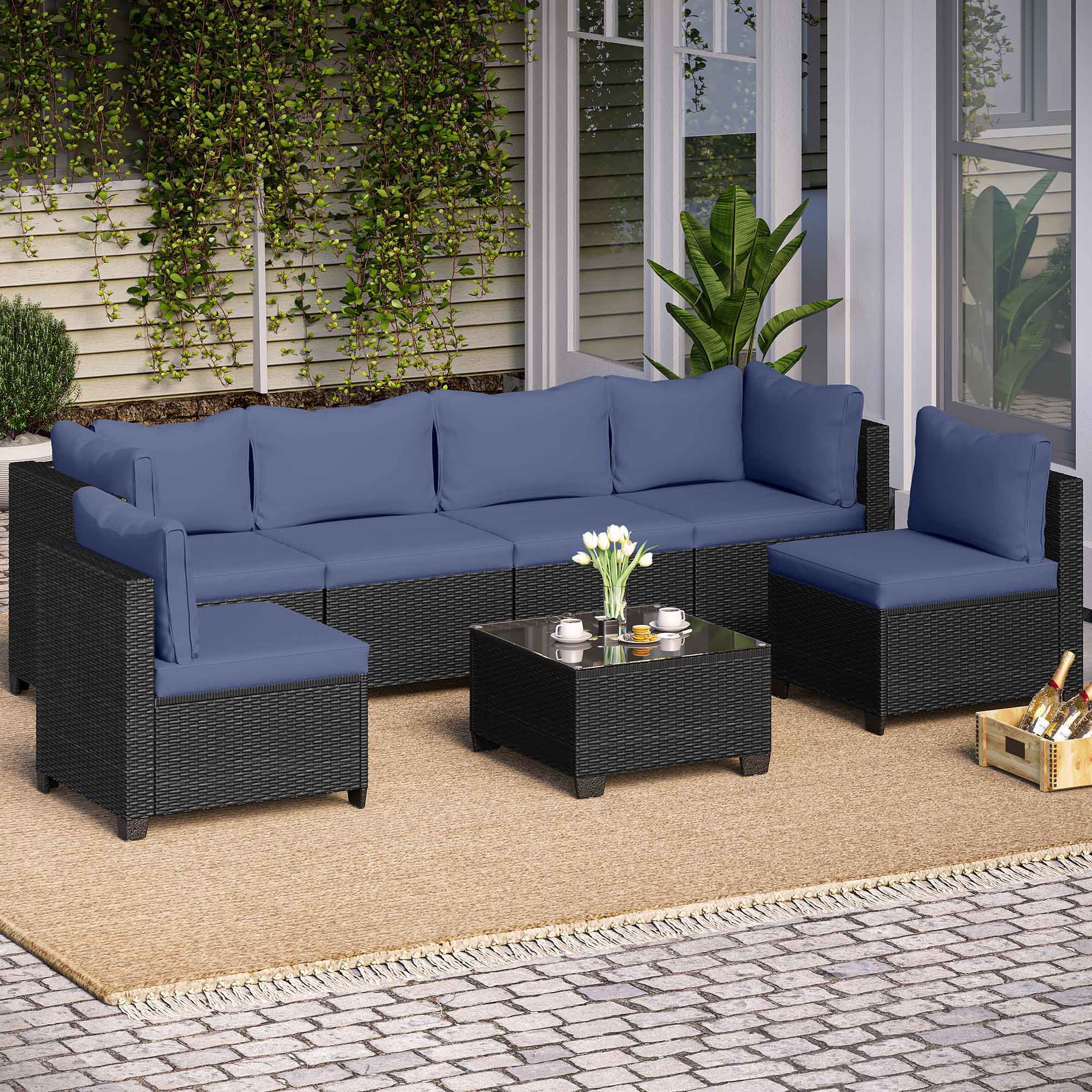 7-Piece Black Steel Outdoor Sectional Set with Blue Cushions