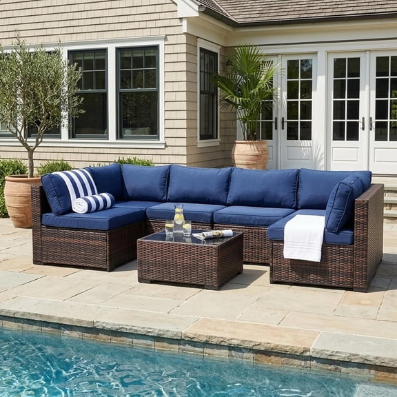 LAUSAINT HOME 7 Pieces Patio Conversation Set, Outdoor Sectionals with 6 Chairs and 1 Coffee Table, Blue Cushions