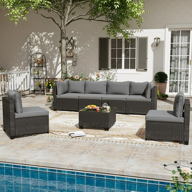 LAUSAINT HOME 7 Pieces Patio Conversation Set, Outdoor Sectionals with 6 Chairs and 1 Coffee Table, Gray Cushions
