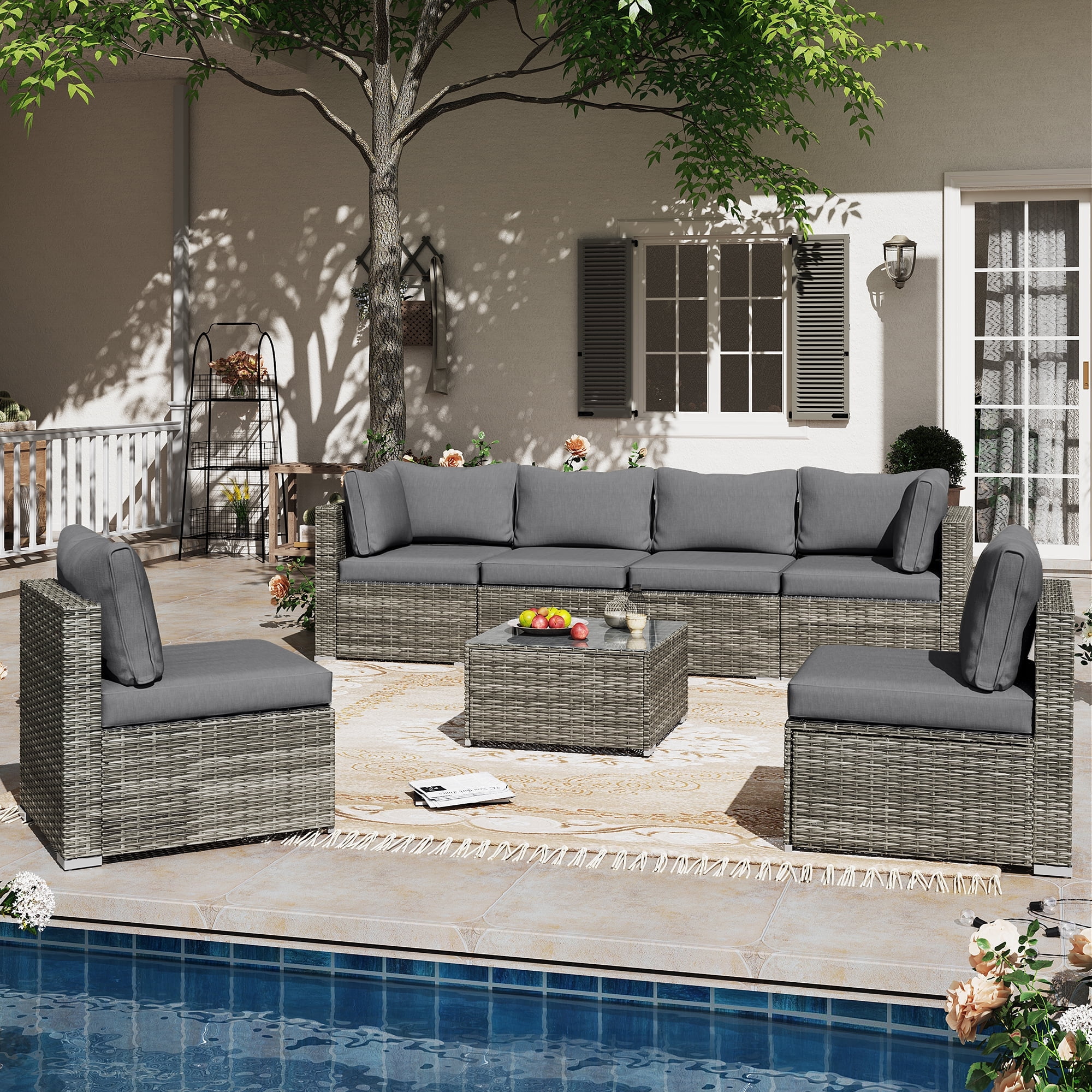 LAUSAINT HOME Large Quality 7-Piece Patio Conversation Set with 6 Chairs and 1 Coffee Table, Gray Cushions