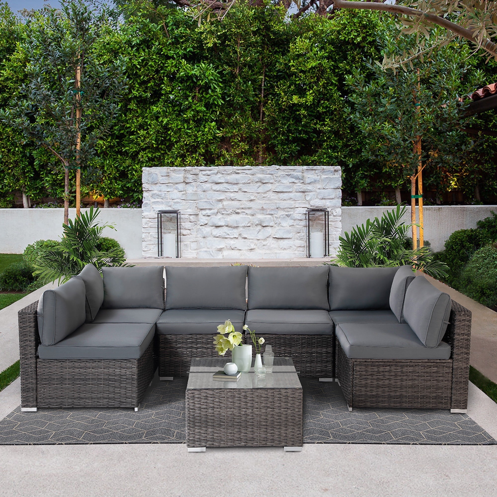 LAUSAINT HOME 7 Pieces Outdoor Furniture Set, Patio Sectional Conversation Set with 6 Chairs and 1 Coffee Table, Gray Cushions