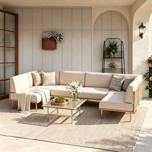 LAUSAINT HOME 7-Piece Modular Outdoor Sectional Sofa Set, All Weather Wicker Patio Conversation Set with Water Resistant Cushions, L-Shaped Patio Furniture for Backyard, Garden, Balcony