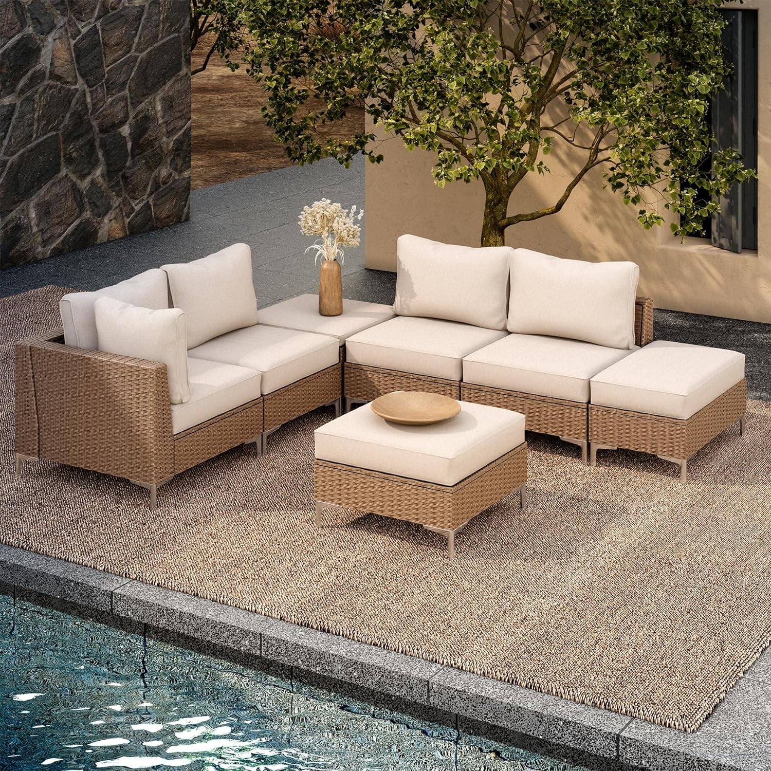 LAUSAINT HOME 7 Pieces Patio Furniture Set with Hidden Storage Compartment Outdoor Natural Color Rattan Sofa with Plush Beige Cushions