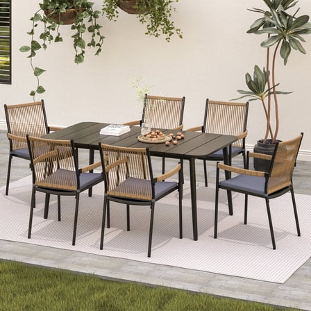 LAUSAINT HOME 7 Pieces Outdoor Patio Dining Set, Patio Furniture Set with 1 Oversized Table and 6 Rattan Chairs