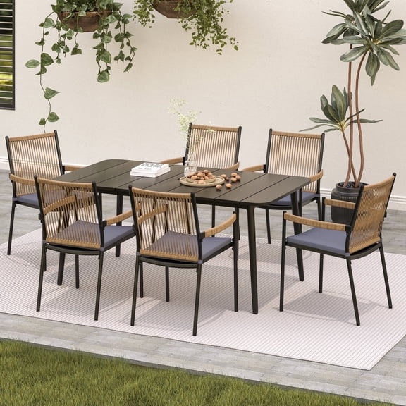LAUSAINT HOME 7 Pieces Outdoor Patio Dining Set, Patio Furniture Set with 1 Oversized Table and 6 Rattan Chairs