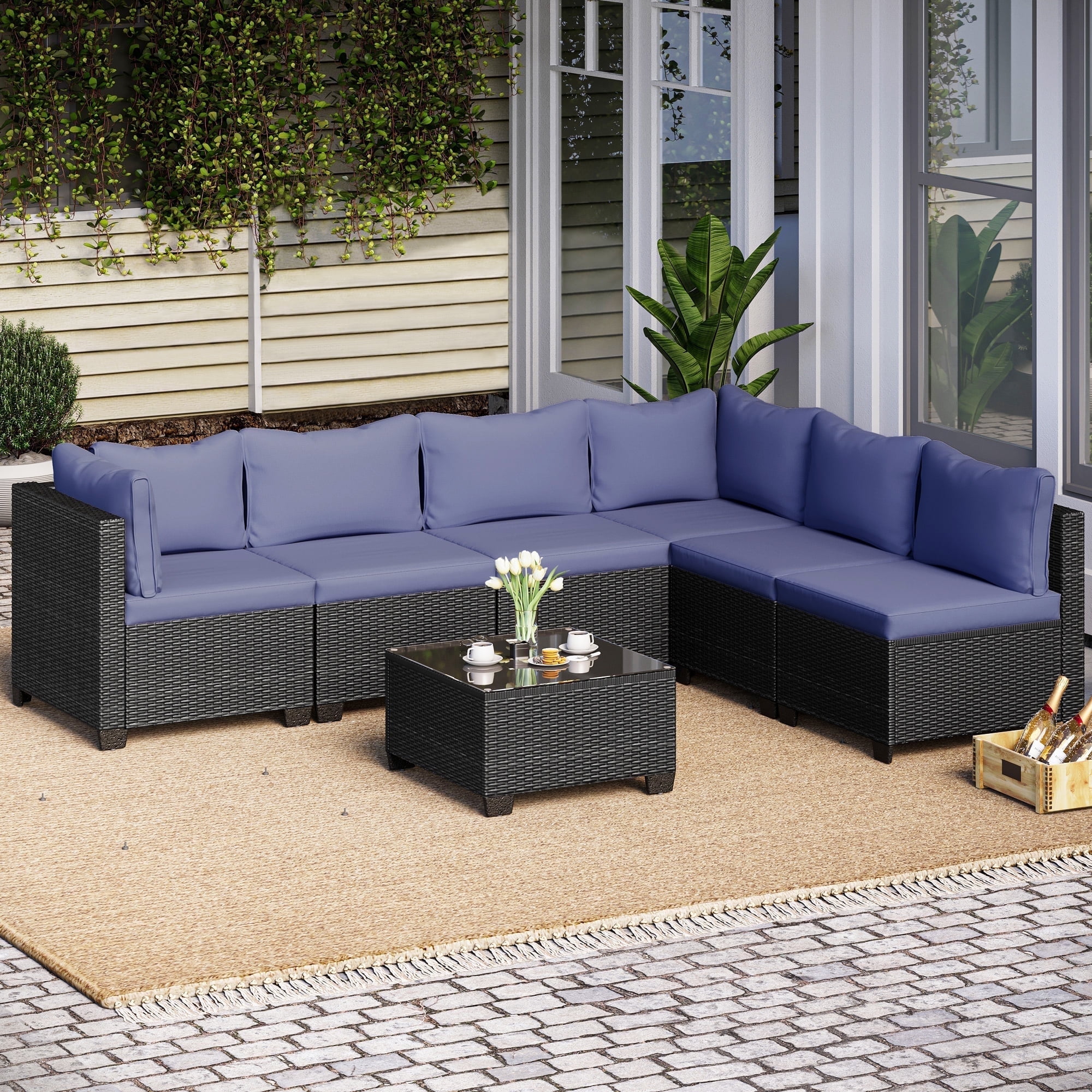 7-Piece Black Steel Outdoor Sectional Set with Blue Cushions