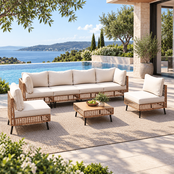 Lausaint Home 7-Piece Outdoor Wicker Patio Furniture Conversation Set, Sectional Sofa with Cushions, Beige