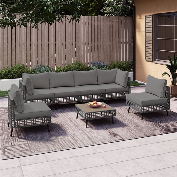LAUSAINT HOME 7 Piece Wicker Sectional Outdoor Conversation Sets, Patio Furniture with Gray Cushions