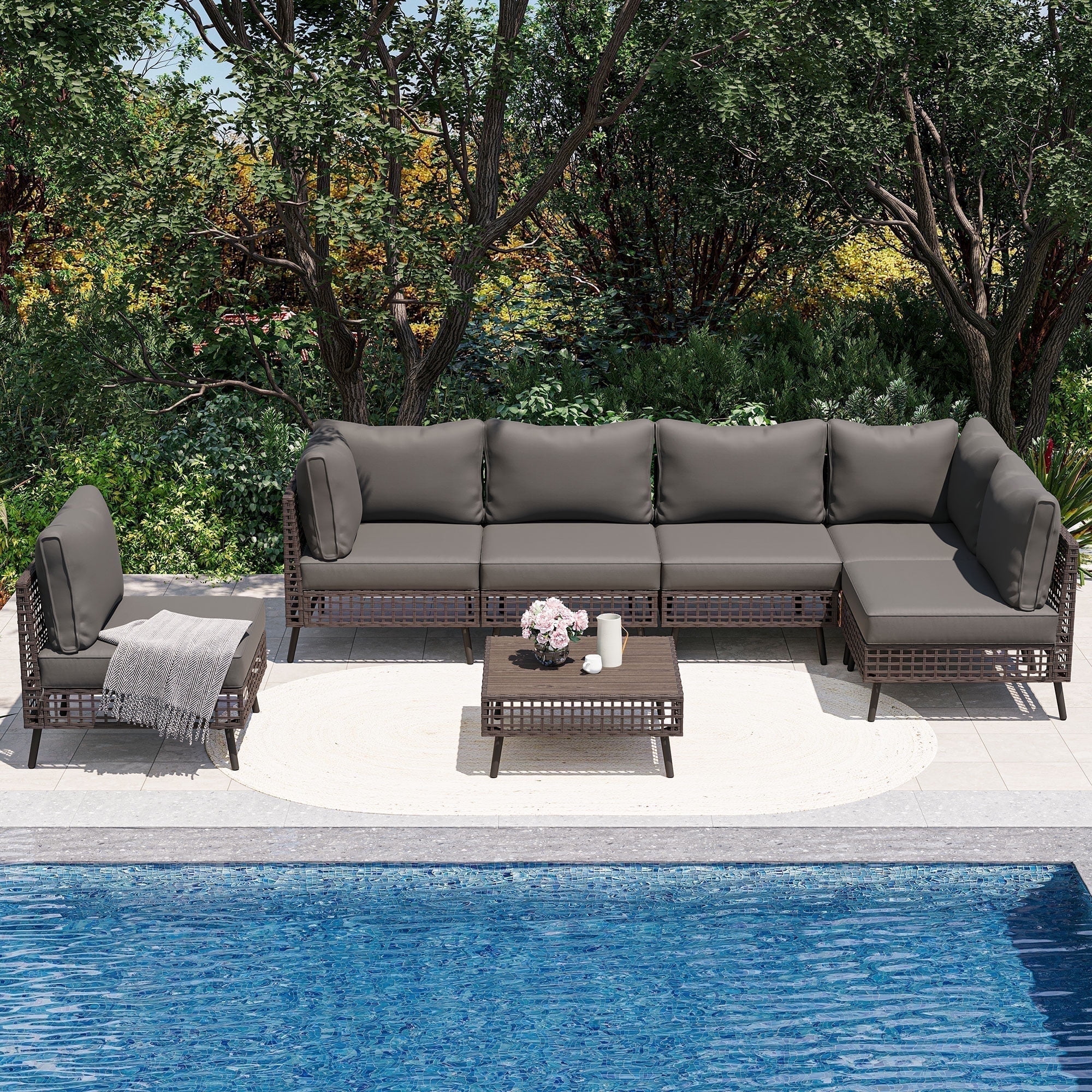 LAUSAINT HOME 7 Pieces Patio Furniture Set, Outdoor Wicker Conversation Sectional Set with Gray Cushions