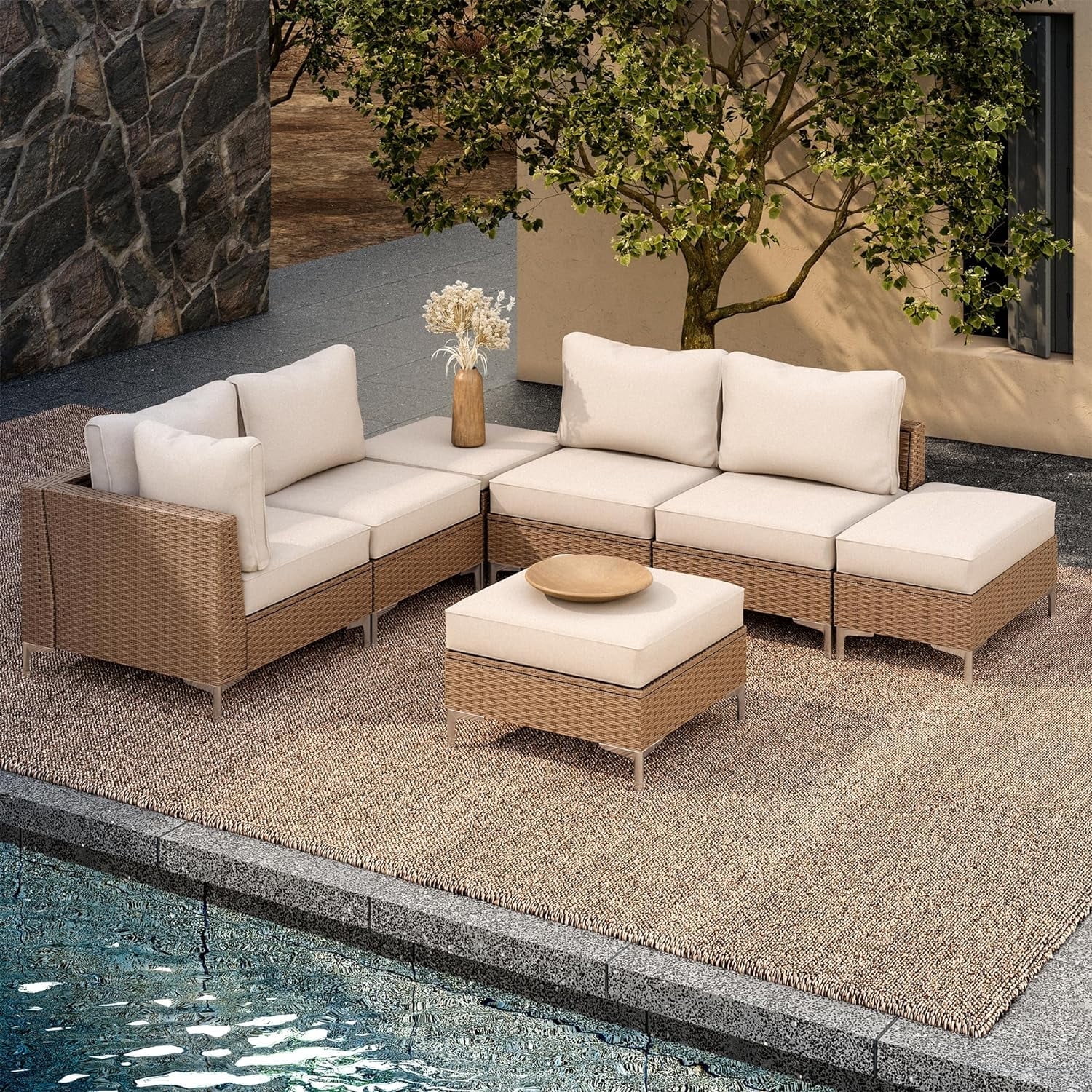 Beige and Brown Steel Frame 7-Piece Outdoor Sectional Sofa Set