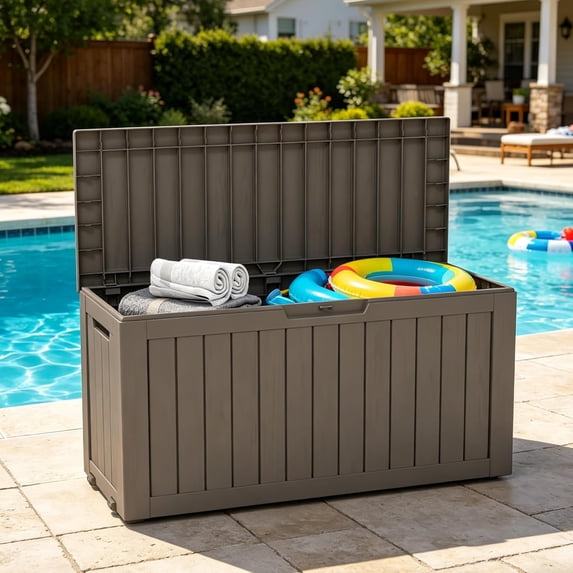 LAUSAINT HOME 75 Gallon Resin Deck Box, Package Delivery Box with Lockable Lid, Waterproof Outdoor Storage Box For Garden Tools, Patio Cushions, Brown