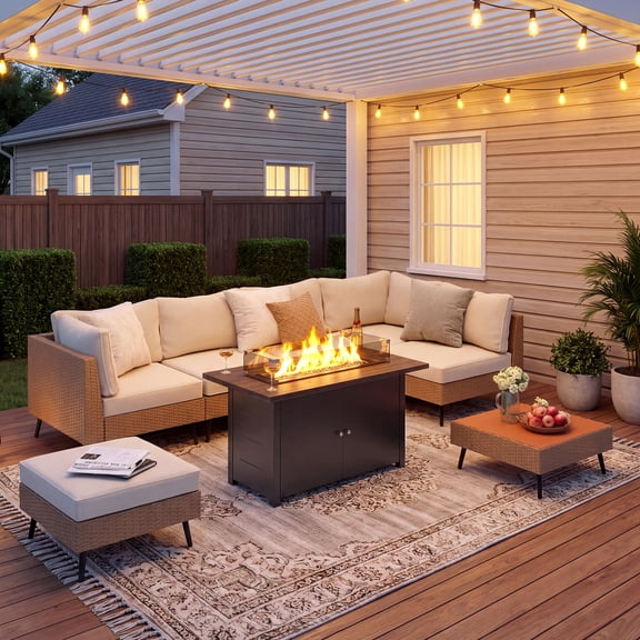 LAUSAINT HOME 8 Piece Outdoor Patio Furniture Set with 43" Propane Fire Pit Table, PE Rattan Sectional Sofa with Beige Cushions, 55,000 BTU, Glass Wind Guard