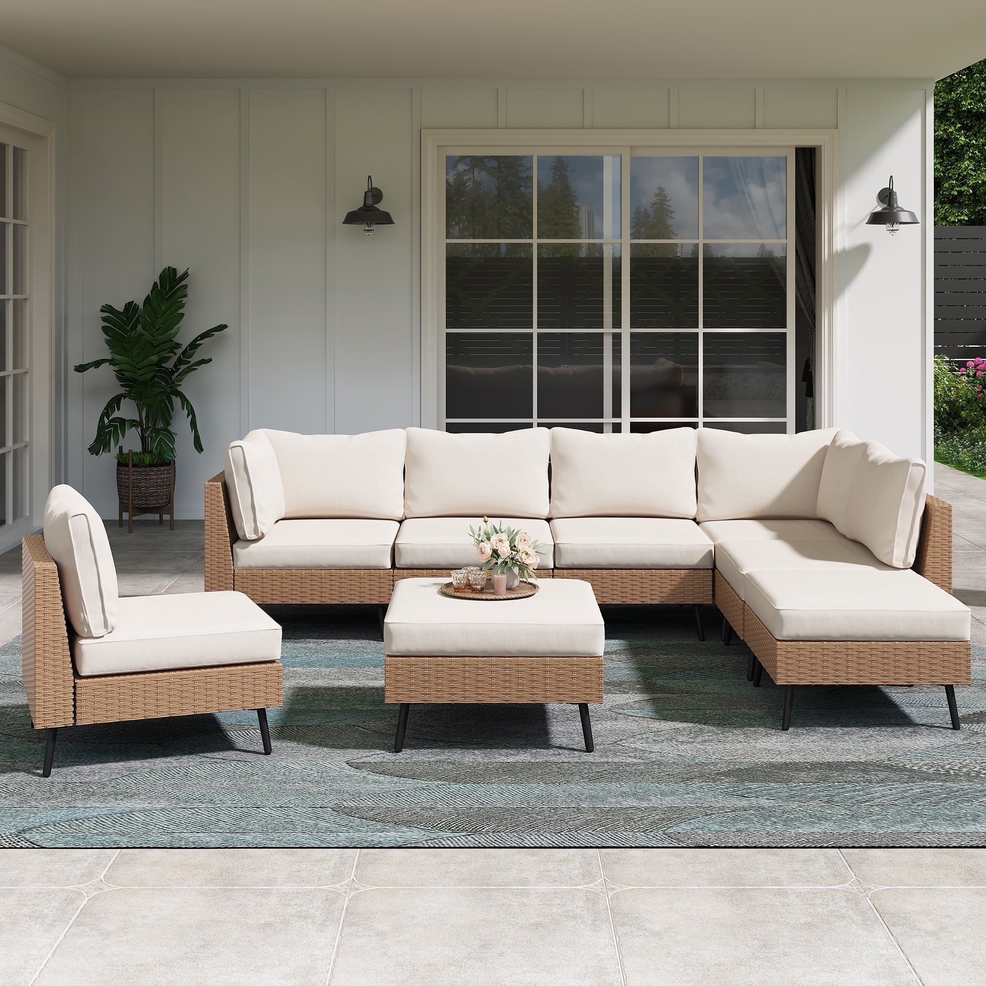 LAUSAINT HOME 8 Pieces Outdoor Furniture Set, Patio Rattan Wicker Sectionals with 6 Chairs and 2 Ottomans, Beige Cushions