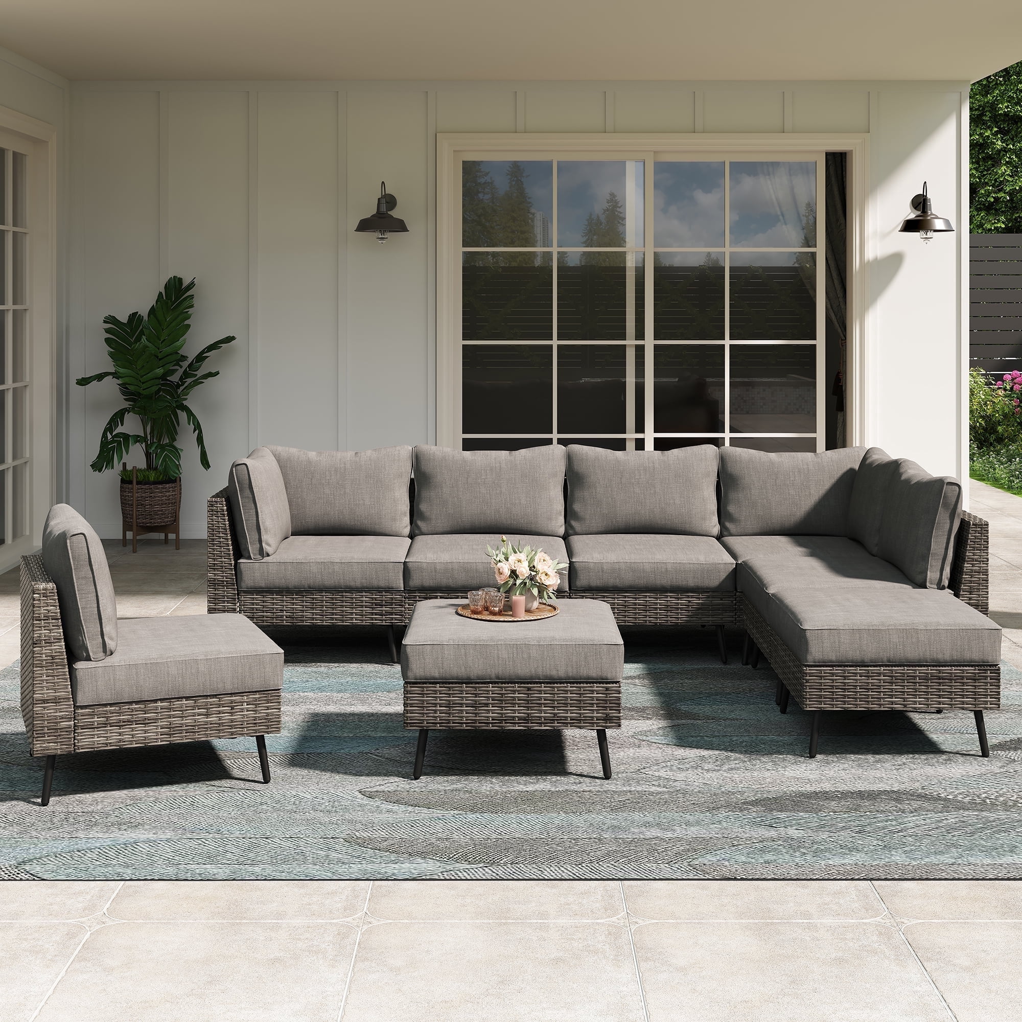 LAUSAINT HOME 8 Pieces Outdoor Furniture Set, Patio Rattan Wicker Sectionals with 6 Chairs and 2 Ottomans, Gray Cushions