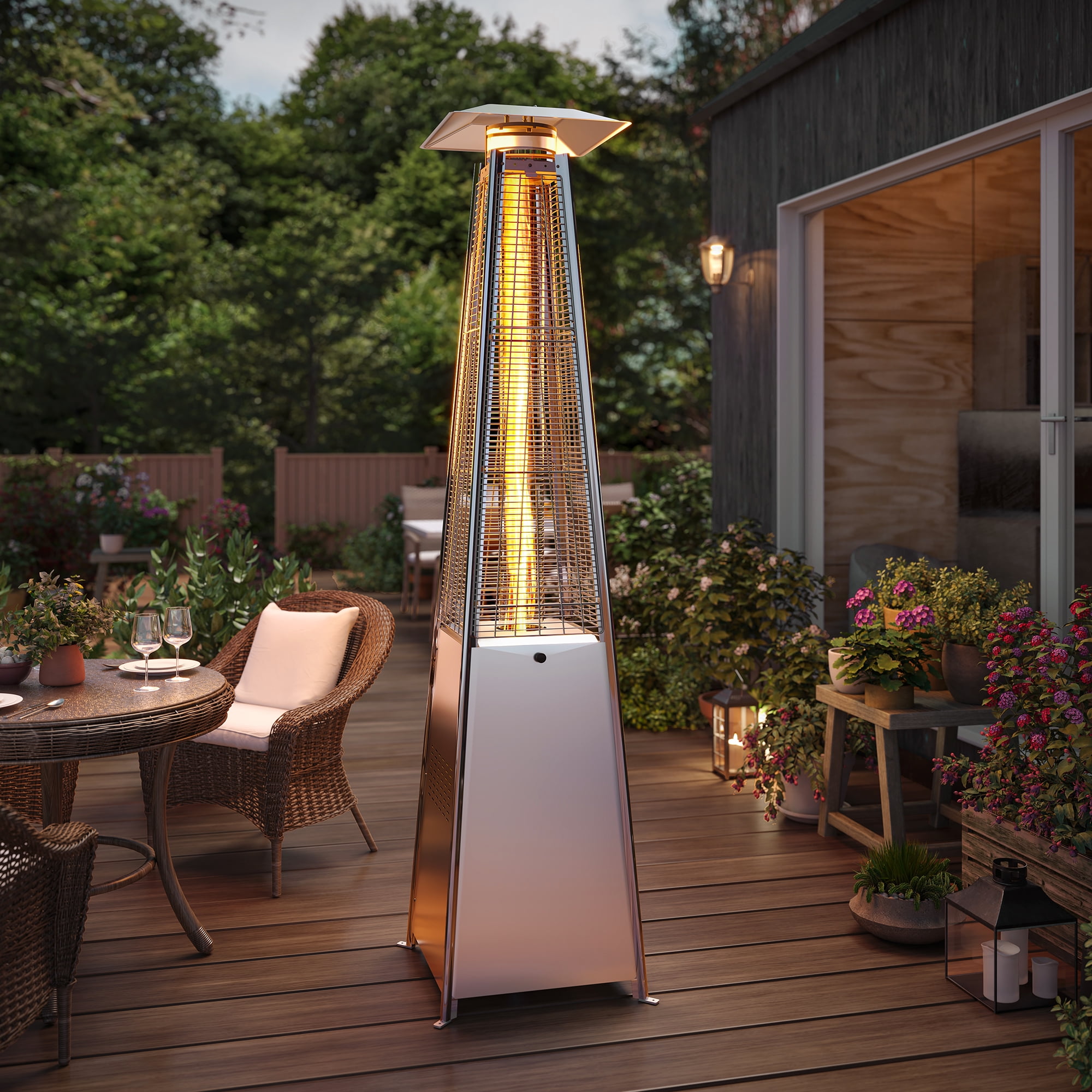 LAUSAINT HOME 87'' Tall Pyramid Patio Heater with Wheels, Glass Tube Flame Heating 48000 BTU \u0026 Dust Cover