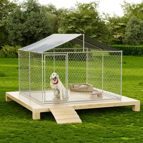 LAUSAINT HOME 9.8' x 9.8' Outdoor Dog Kennel with Roof, Heavy-Duty Steel Dog Cage with Lock for Backyard