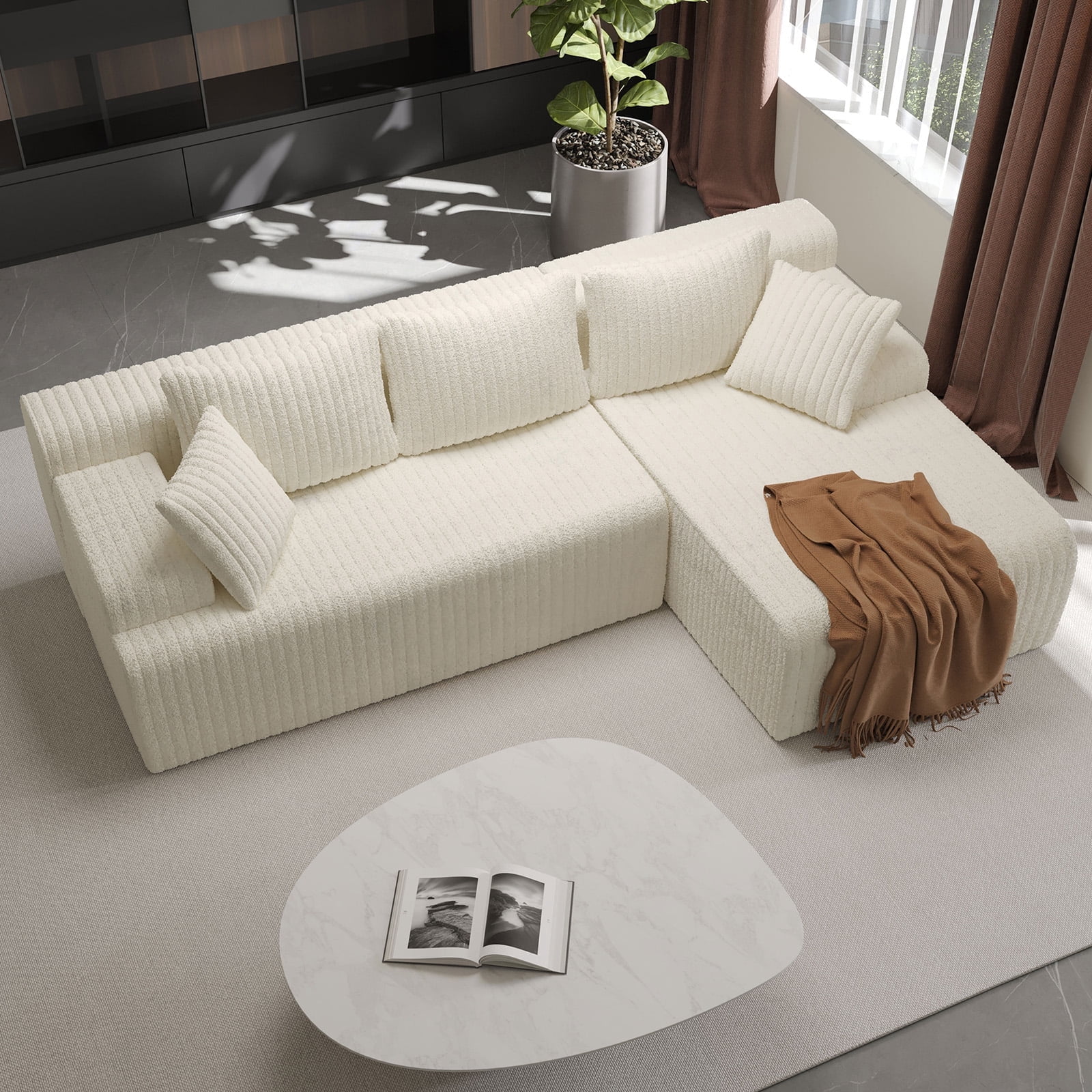 LAUSAINT HOME 96" Boneless Sectional Sofa, L-Shaped Modular Cloud Couch with Deep Seat & Plush Corduroy Fabric (Beige, Right Facing Chaise)