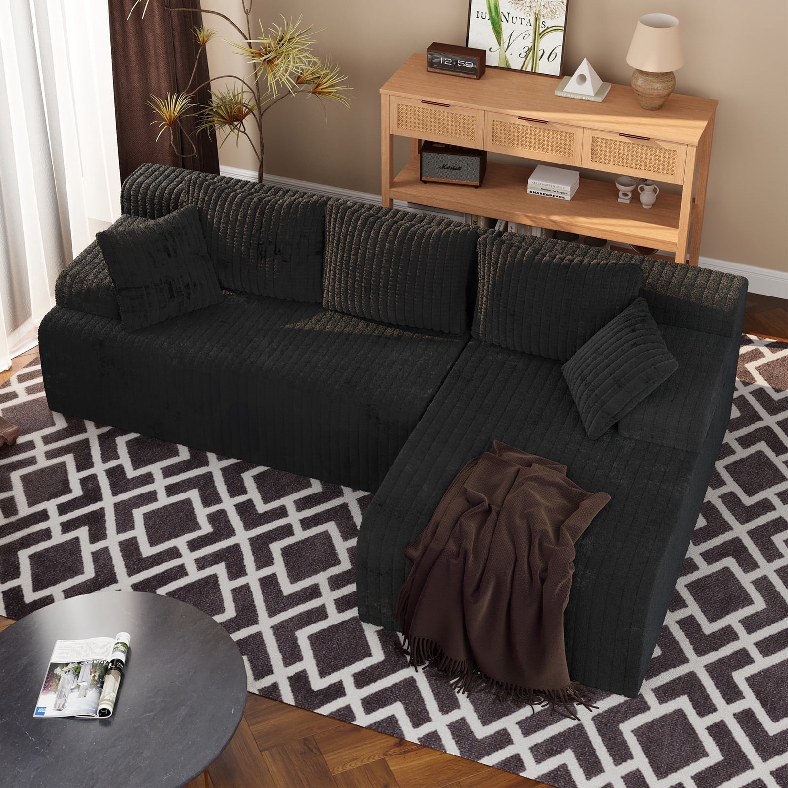 LAUSAINT HOME 96" Boneless Sectional Sofa, L-Shaped Modular Cloud Couch with Deep Seat & Plush Corduroy Fabric, (Black, Right Facing Chaise)