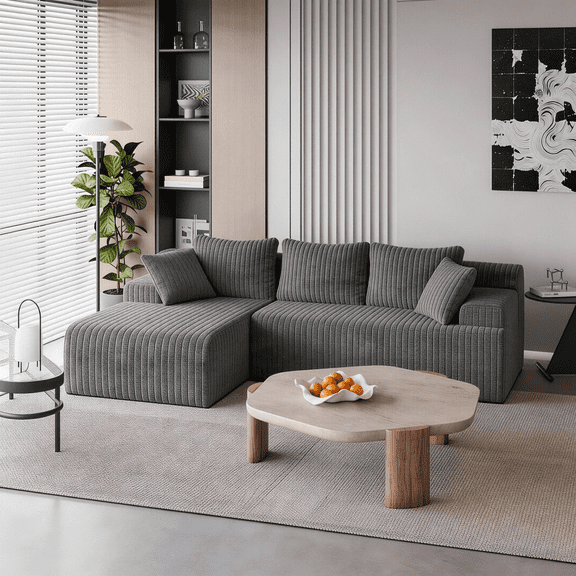 LAUSAINT HOME 96" Boneless Sectional Sofa, L-Shaped Modular Cloud Couch with Deep Seat & Plush Corduroy Fabric(Gray, Left Facing Chaise)