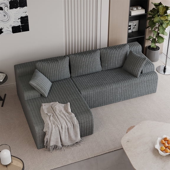 LAUSAINT HOME 96" Boneless Sectional Sofa, L-Shaped Modular Cloud Couch with Deep Seat & Plush Corduroy Fabric(Gray, Left Facing Chaise)