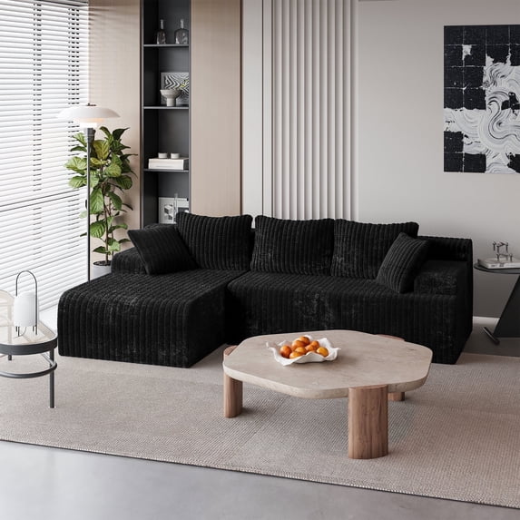 LAUSAINT HOME 96" Boneless Sectional Sofa, L-Shaped Modular Cloud Couch with Deep Seat & Plush Corduroy Fabric (Black, Left Facing Chaise)