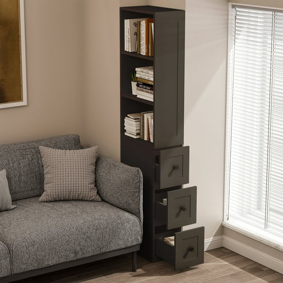 LAUSAINT HOME Bathroom Storage Cabinet, Tall Thin Black Storage with 2 Adjustable Shelves & 3-level Drawers for Home, Kitchen