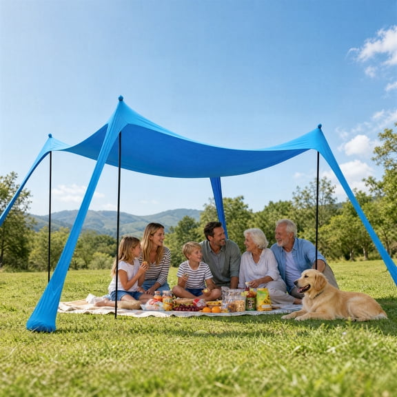 LAUSAINT HOME Beach Tent, 10x10FT Easy Pop Up Beach Canopy Sun Shade UPF 50+ Protection with 4 Windproof Stability Poles and Sandbags, Outdoor Sun Shelter for Family Camping, Sky Blue
