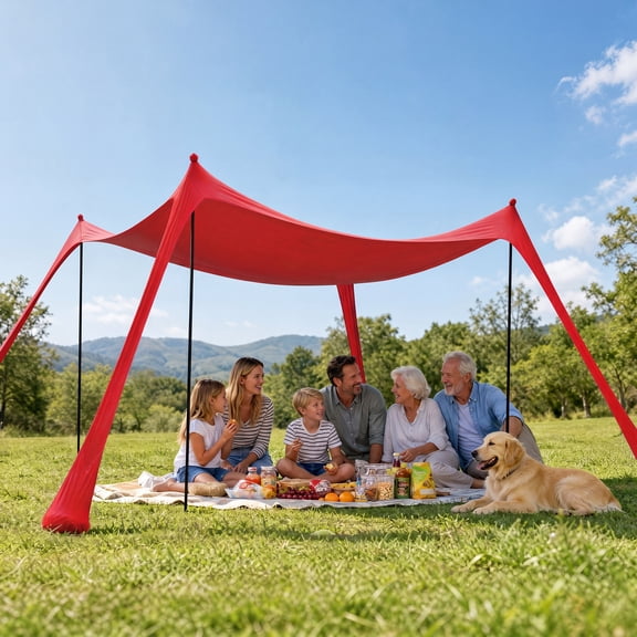 LAUSAINT HOME Beach Tent, 10x10FT Easy Pop Up Beach Canopy Sun Shade UPF 50+ Protection with 4 Windproof Stability Poles and Sandbags, Outdoor Sun Shelter for Family Camping, Red