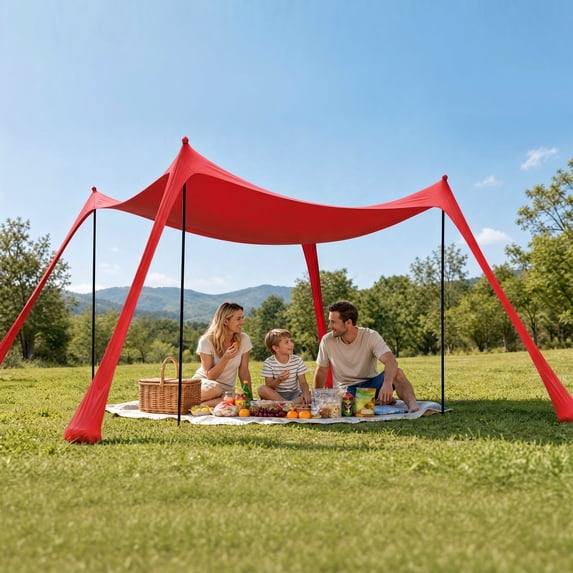 LAUSAINT HOME Beach Tent, 7.5x7.5FT Easy Pop Up Beach Canopy Sun Shade UPF 50+ Protection with 4 Windproof Stability Poles and Sandbags, Outdoor Sun Shelter for Family Camping, Red