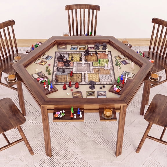 LAUSAINT HOME Board Game & Card Table for 6 Players with Removable Table Top, Cup Holders and Trays, EVA Mats, Walnut Hexagon