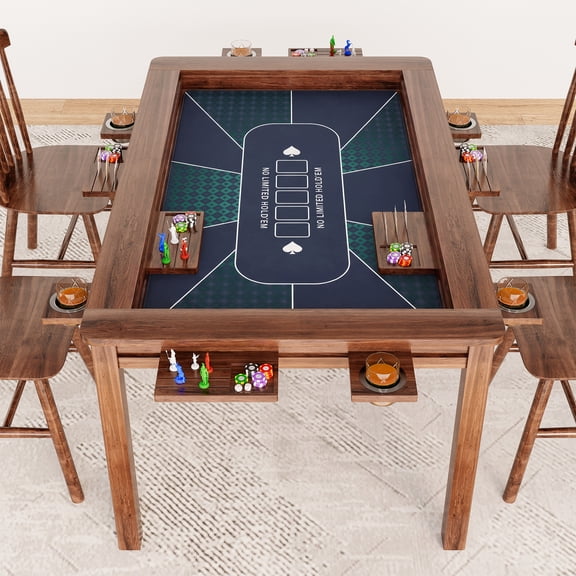 LAUSAINT HOME Board Game & Card Table for 6 Players with Removable Table Top and Poker Mat, Cup Holders and Trays, Walnut Rectangle