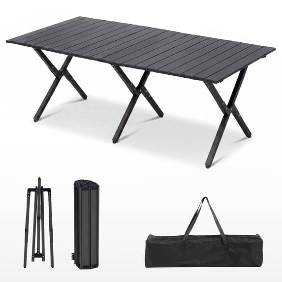 LAUSAINT HOME Egg Roll Table, 4 Foot Carbon Steel Foldable Camping Table, Roll‑up Portable Metal Picnic Table for Beach RV, With Carry Bag, Black