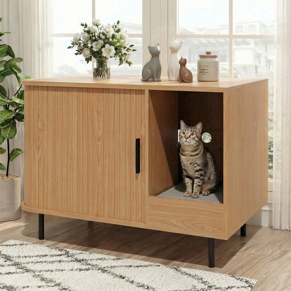 LAUSAINT HOME Cat Litter Box Enclosure, Hidden Furniture with Scratch Pad, Sliding Door & Storage Drawer, Natural Wood