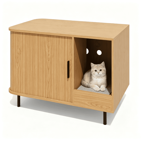 LAUSAINT HOME Cat Litter Box Enclosure, Hidden Furniture with Scratch Pad, Sliding Door & Storage Drawer, Natural Wood