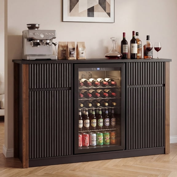 LAUSAINT HOME Coffee Bar Cabinet with Mini Fridge Space, Modern Wine Bar Cabinet for Kitchen & Dining Room,55.1"W Black