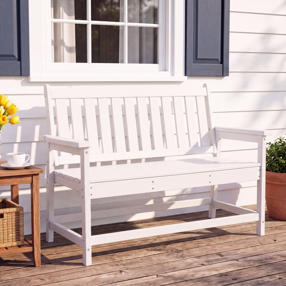 LAUSAINT HOME HDPE Outdoor Bench, Weather-Resistant Patio Bench with Aluminum-Reinforced Frame, 560 lbs Capacity, Low-Maintenance Garden Bench for Backyard, Deck & Lawn, White