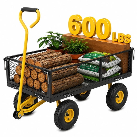 LAUSAINT HOME Heavy Duty Steel Garden Cart, 600 lb Capacity Wagon with Removable Mesh Sides & 10" Pneumatic Tires, Versatile Utility Cart for Yard, Gardening & Landscaping, Yellow