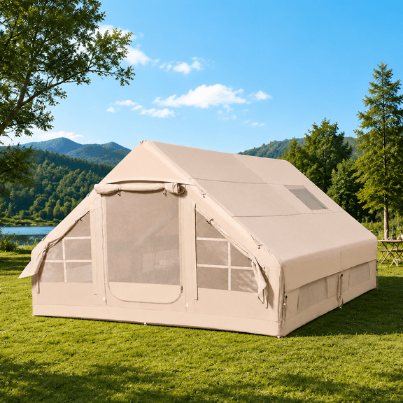 LAUSAINT HOME Inflatable Family Tent – Spacious 8–10 Person Cabin with Skylight & Stove Jack, Waterproof Oxford, Pump Included for Easy Setup – Perfect for Luxury Glamping, Khaki.