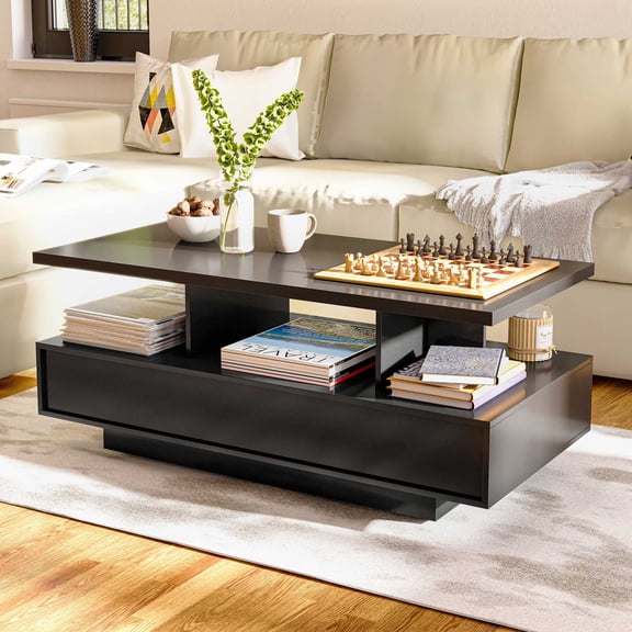 LAUSAINT HOME Modern Coffee Table with Open Storage and LED Lights, Black