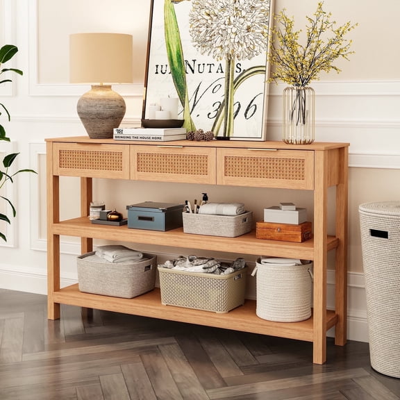 LAUSAINT HOME Modern Console Table, 32" Tall Natural Finish Table with 3 Drawers and Storage Shelves