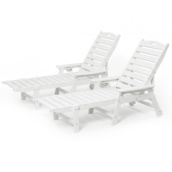 LAUSAINT HOME Outdoor Chaise Lounge Chair, HDPE Pool Lounge Chairs Set of 2, 4 Positions Adjustable Pool Chairs with Wheels, Patio Tanning Chairs for Poolside, Beach, Backyard, White