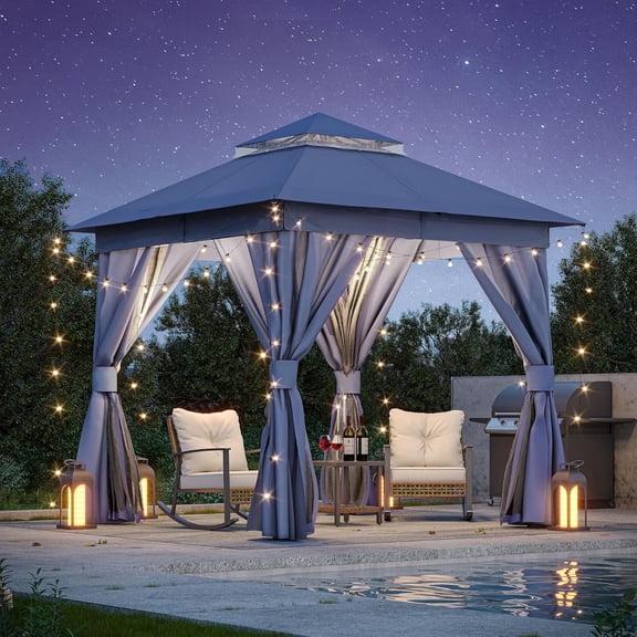 LAUSAINT HOME 8'x8' Outdoor Patio Gazebo, Double Roof Metal Frame with Mosquito Nettings, Privacy Screens and Anchoring Kit, Navy Blue
